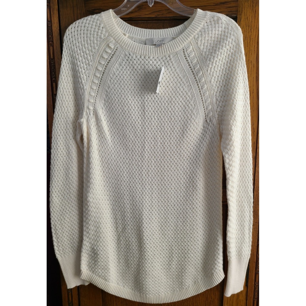 Loft Sweater Cream Women Size S Textured Basketweave Cotton Wool Blend Ivory NWT